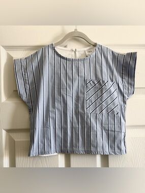 NWT Zara Girls Blue and White Vertical Stripe Top with Pocket
